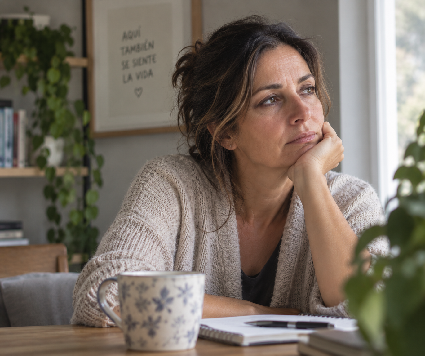 Mujer adulta en un momento de reflexión.